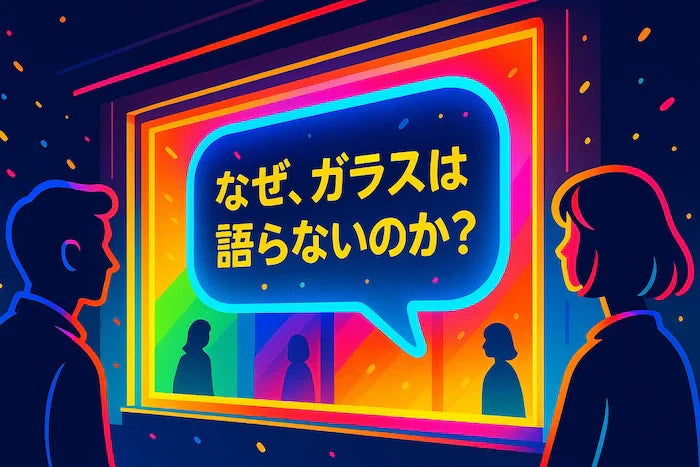 ガラスに設置されている光って目立つ看板に注目している男女の様子