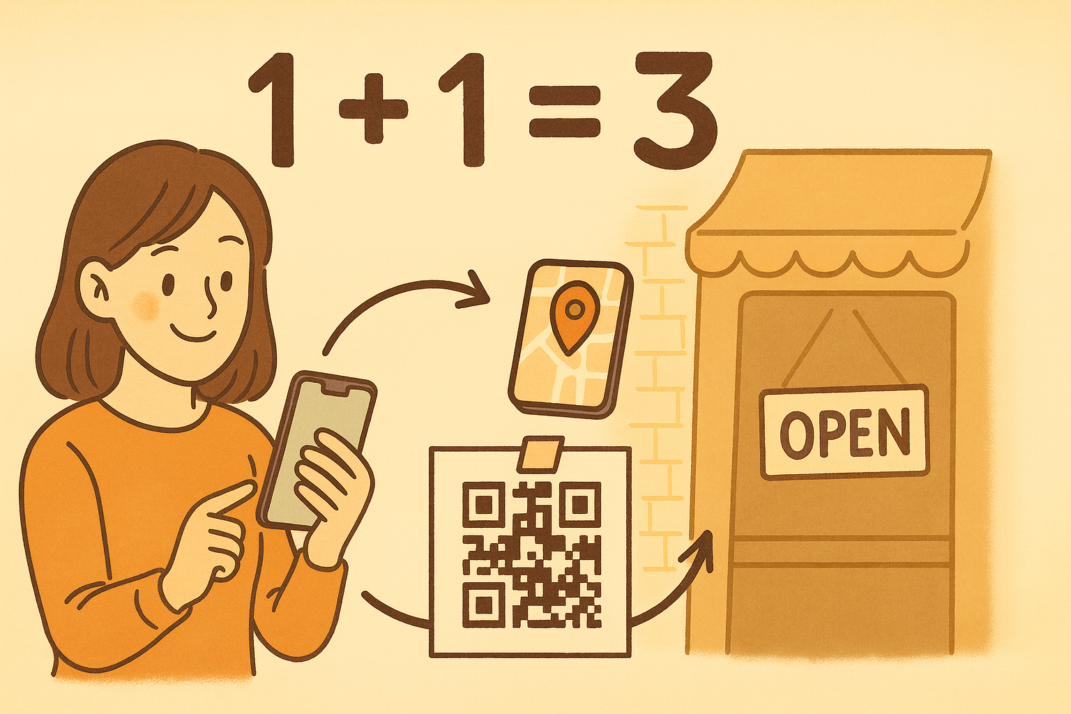 女性が計算機を持ってQRコードで地図などのお店の情報を検索している様子。その上にはオンラインとオフラインの相乗効果は１+１が３になる程の期待ができることを説明した計算式。