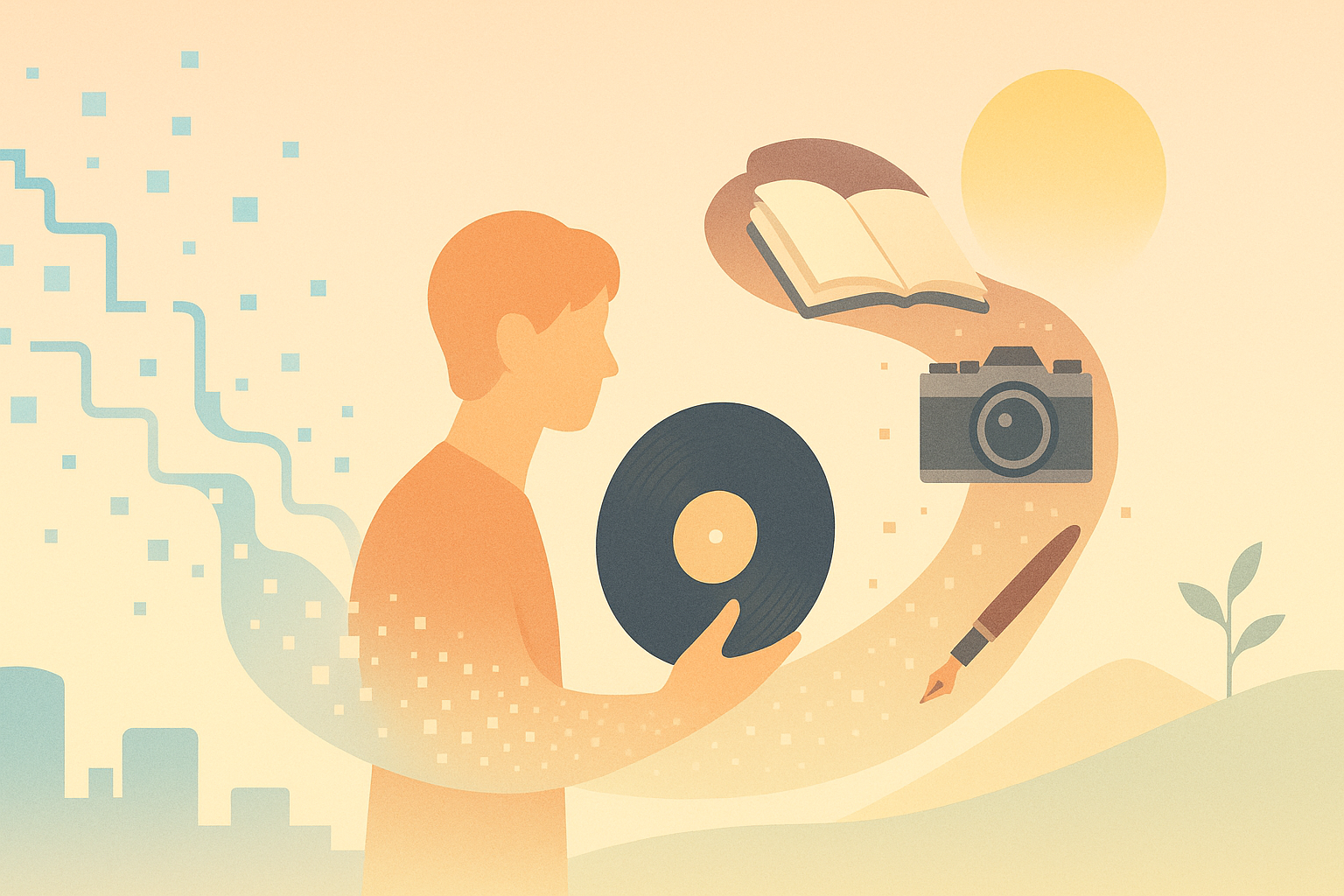 男性がレコードを持ちながらアナログの流れを見ている様子が描かれていて、その流れには万年筆やカメラや本が見える。