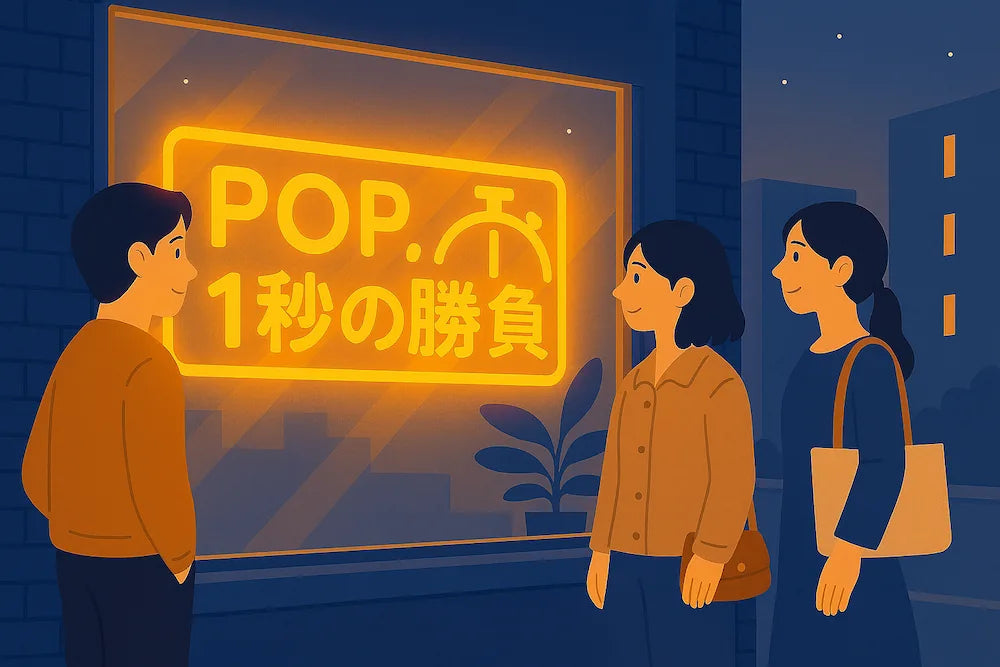 店頭窓ガラスに設置された光る販促看板を店頭に立っている３人のお客さんが見ている様子