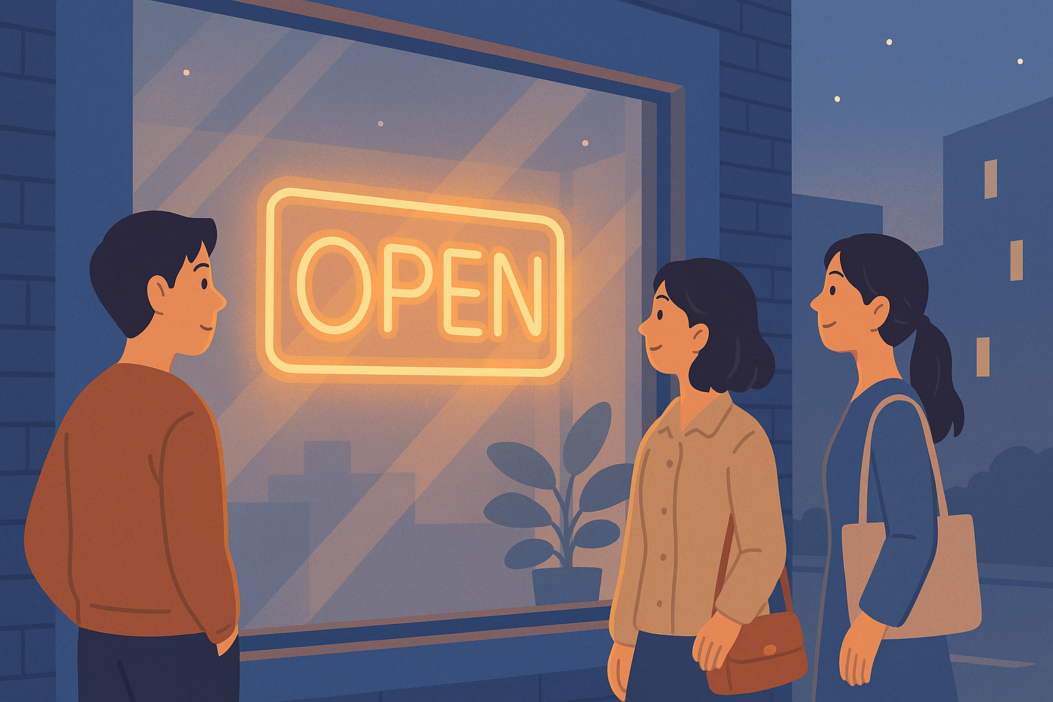 お店の窓ガラスに貼られているOPENネオンサインを店前を歩く３人が見ている様子