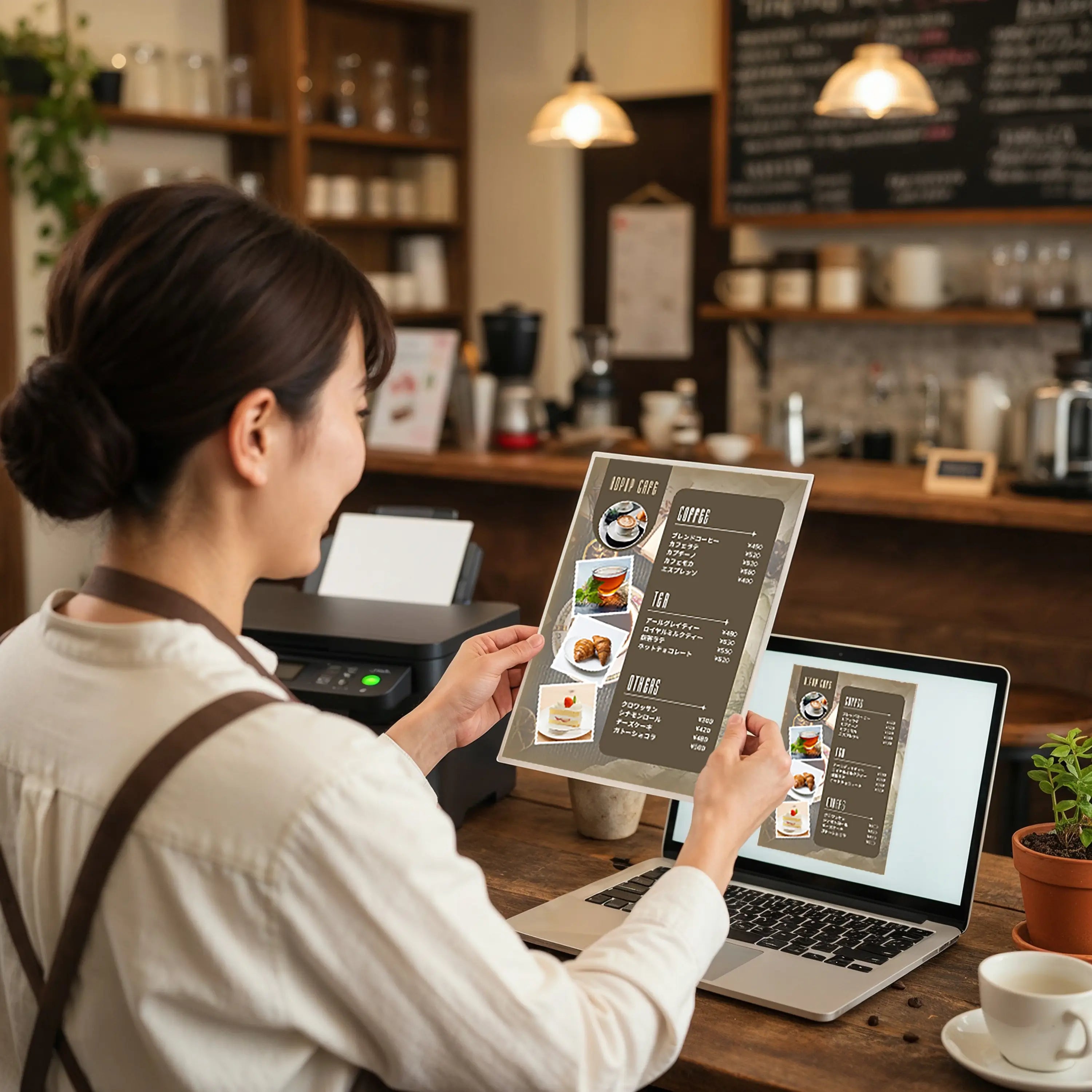 ノートパソコンの前に立って、自分がプリントしたポスターを見ている女性