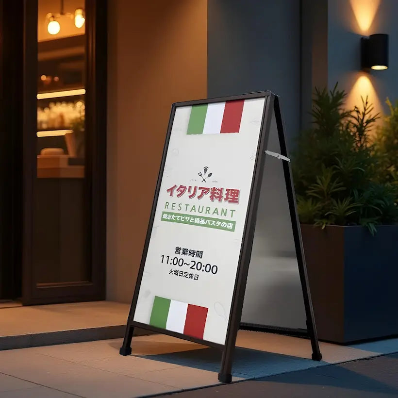 イタリアンレストラン前に設置された木製両面A型看板W.Board。ポスターとマーカーボード両対応のスタンド看板。