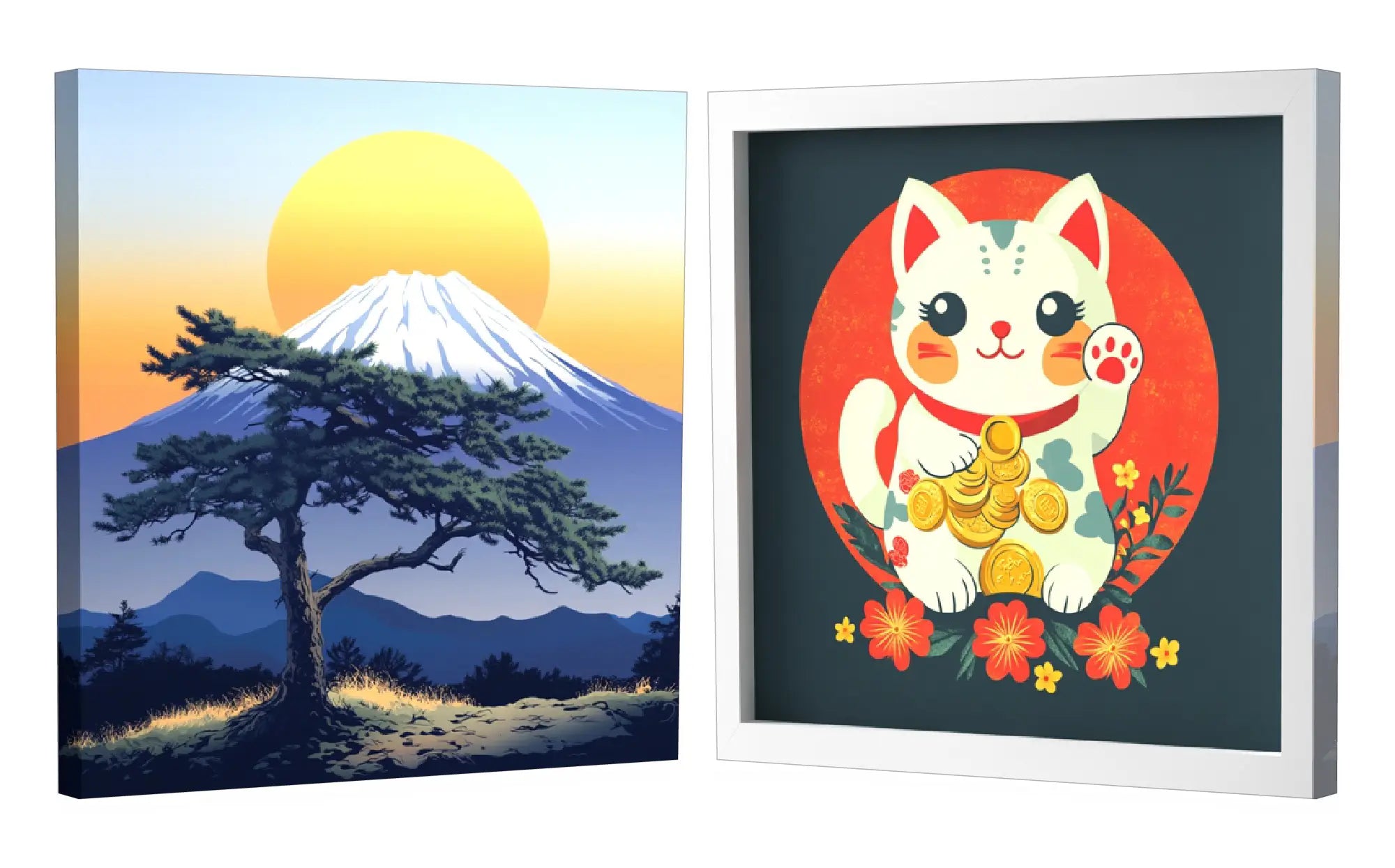 W.CAは両面キャンバスとしてそれぞれの面に富士山と招き猫を表現