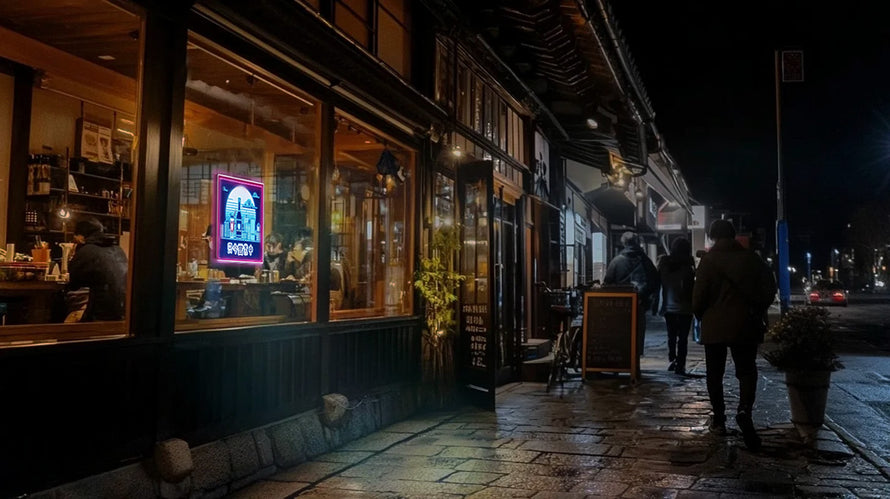 飲食店のガラス窓に飾られたglowNが夜の道を照らし視認性があることを表現,LEDネオン看板  
