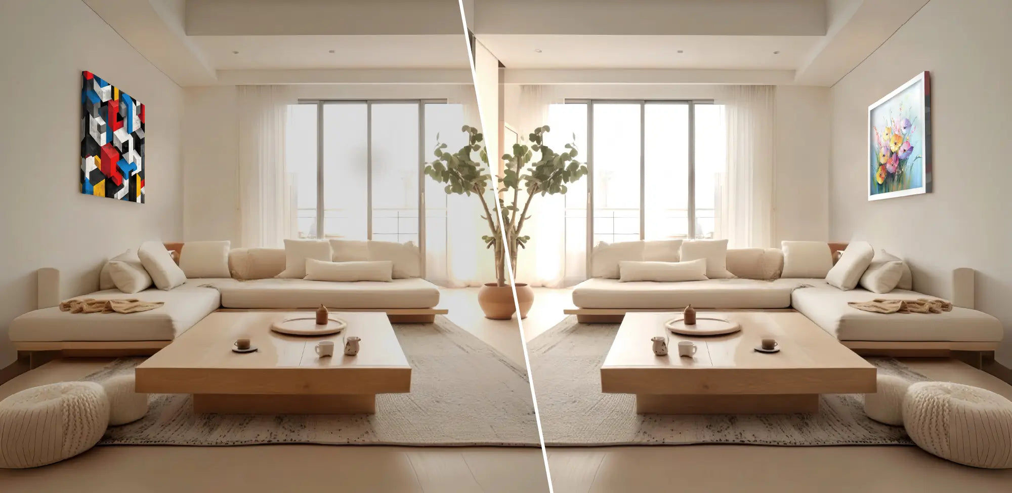 W.CAは両面キャンバスとしてリビングの壁に図形とその裏面の花の絵がそれぞれ掛けられている様子を表現,両面室内装飾