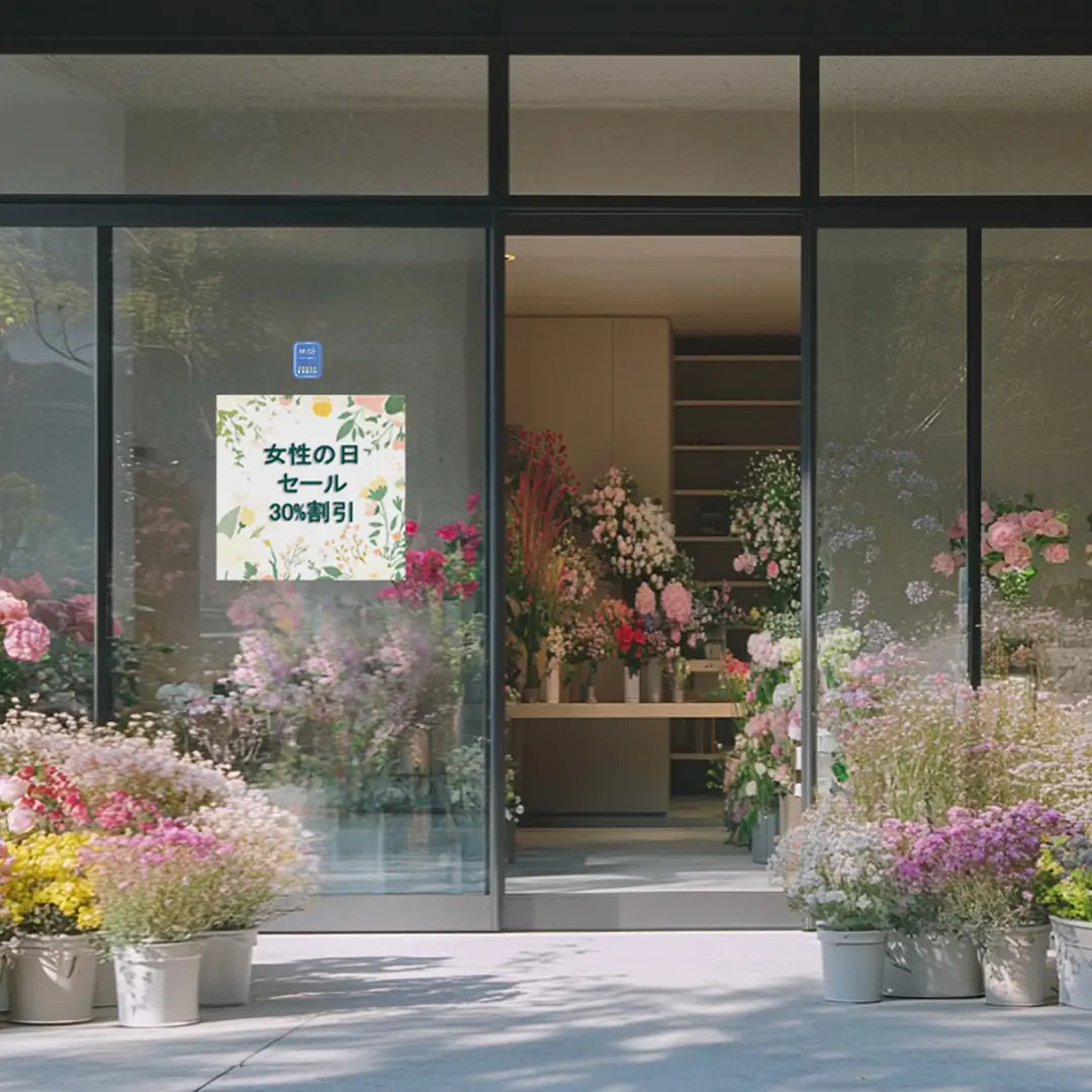 W.CAは両面キャンバスとして花屋のガラス窓に花の絵と価格宣伝内容を表現,洗練された装飾