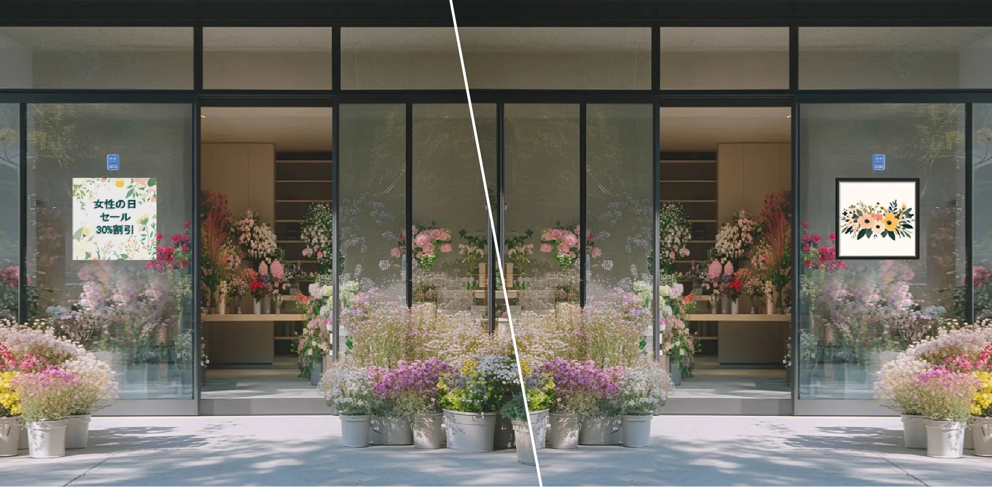 W.CAは両面キャンバスとして花屋のガラス窓に片面は価格情報ともう片面には花のアートを飾って簡単に裏返せる様子を表現,集客アイデア