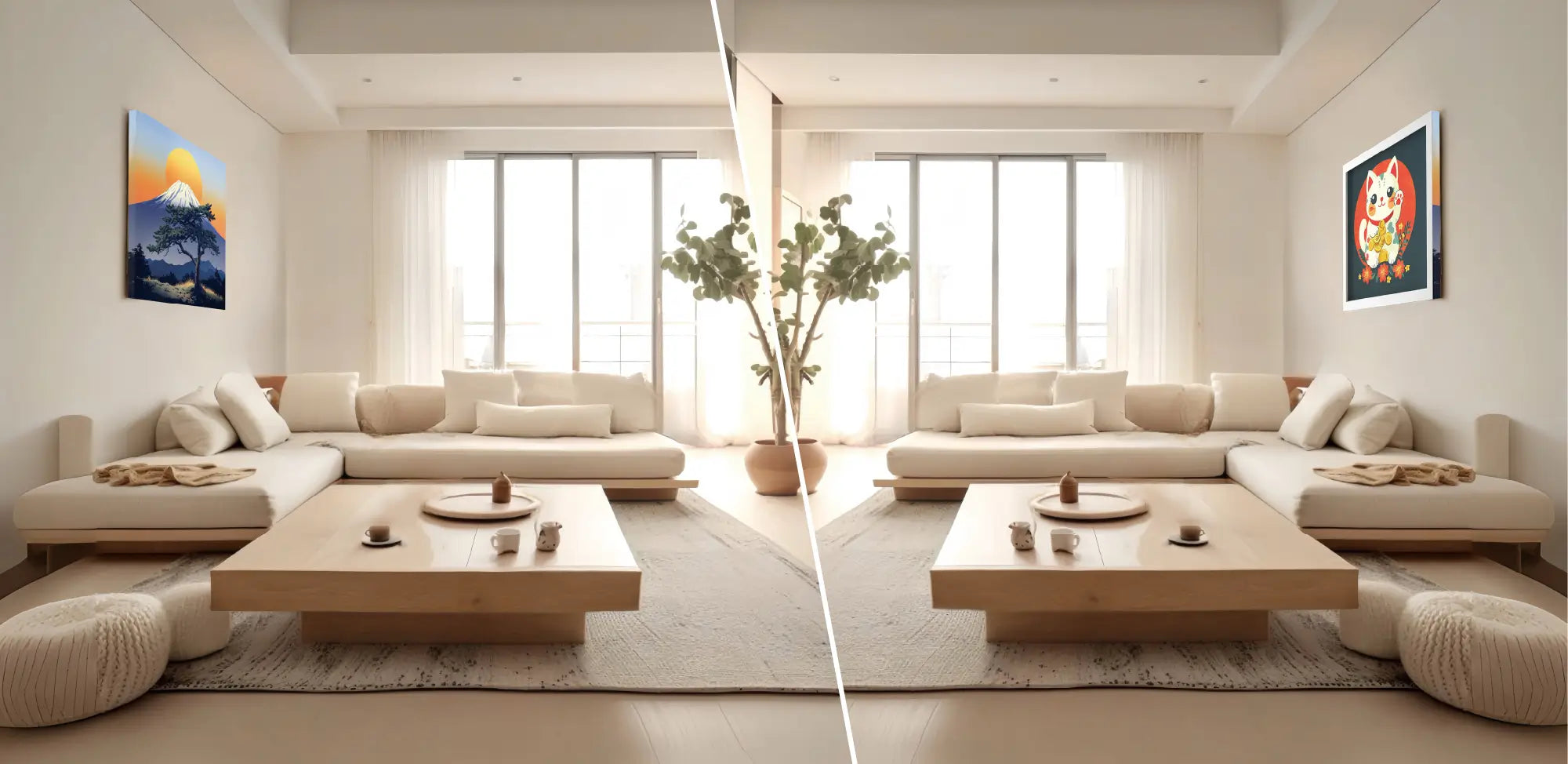 W.CAは両面キャンバスとして居間の壁に富士山とその裏面の招き猫の絵がそれぞれ掛けられている様子を表現,両面リビング装飾