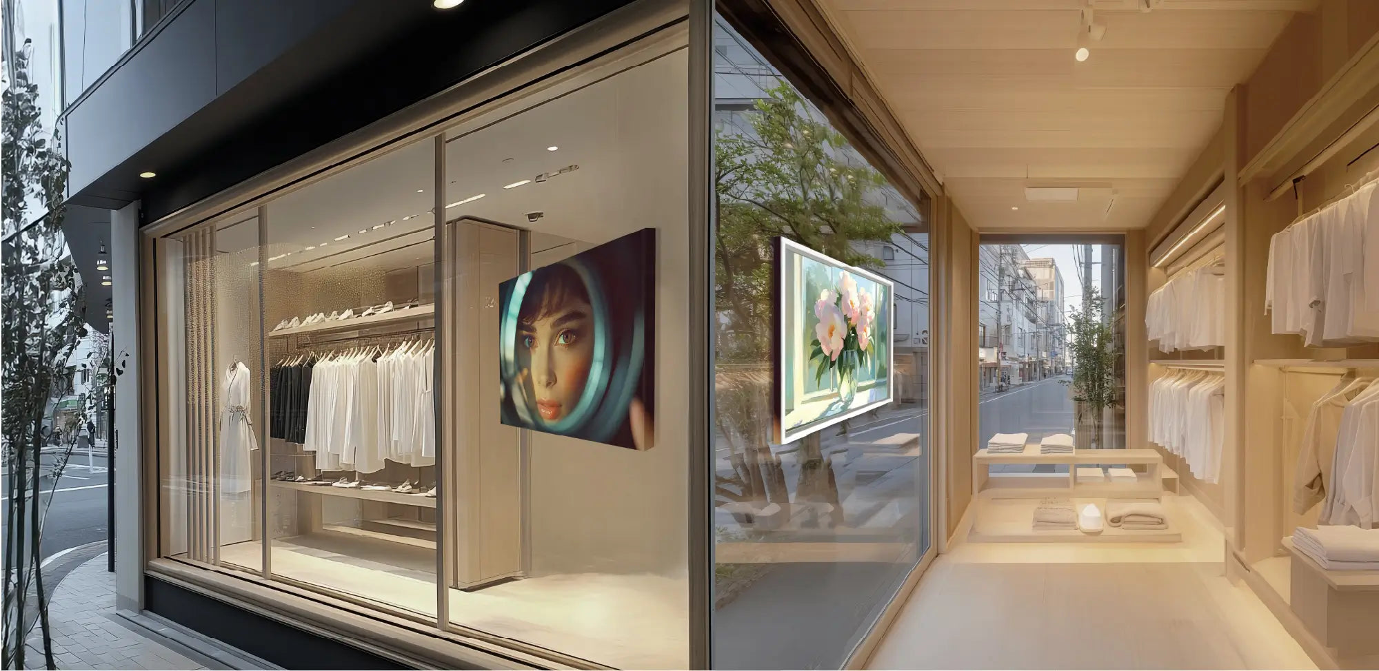 W.CAは両面キャンバスとしてアパレルショップの室内外を同時に見せて両面ともインテリア効果として表現,洗練された装飾