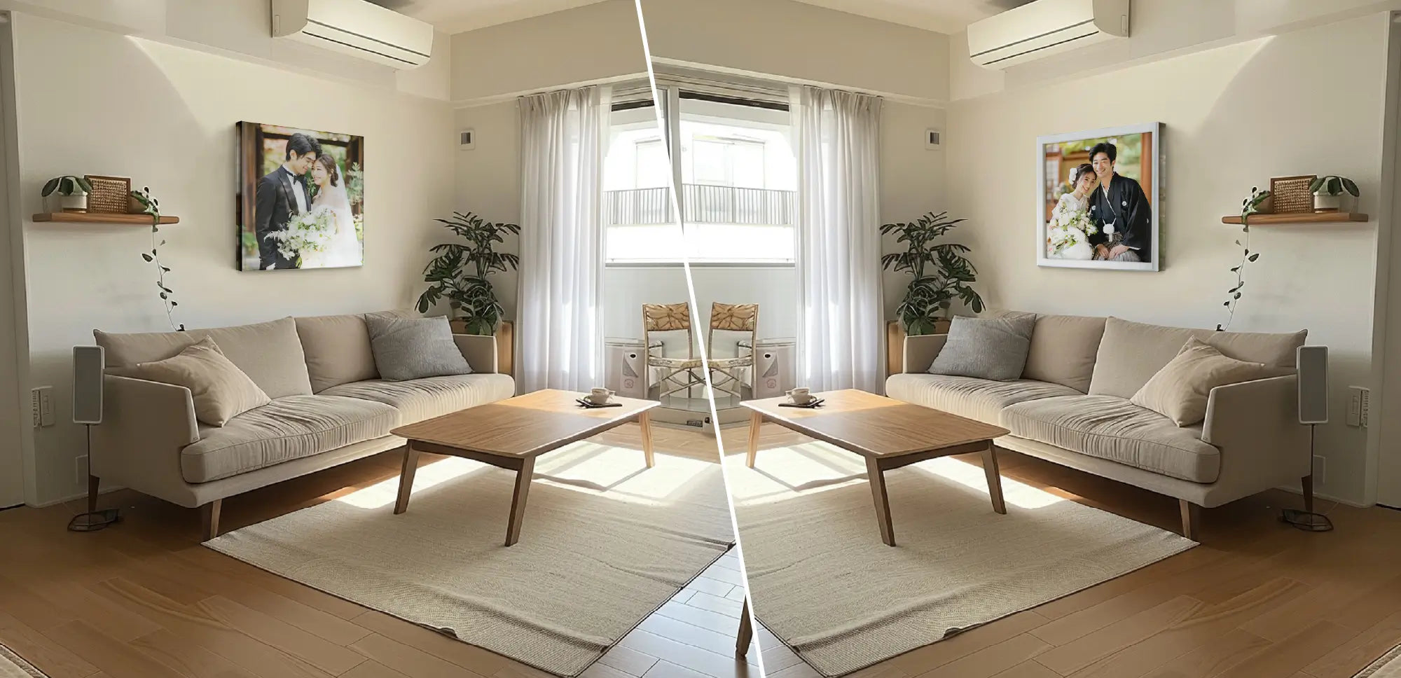 W.CAは両面キャンバスとしてリビングの壁に新婚夫婦の2種類の結婚写真を表現,ウェディング写真