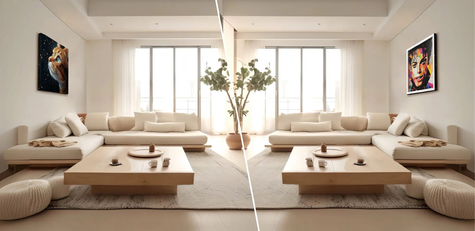 W.CAは両面キャンバスとして居間の壁に猫とその裏面のマイケルジャクソンの絵がそれぞれ掛けられている様子を表現,両面キャンバス