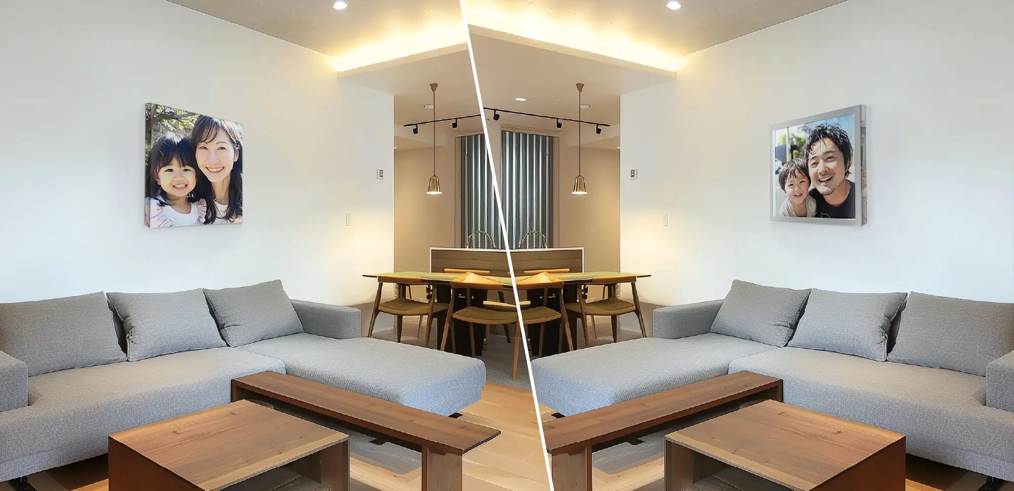 W.CAは両面キャンバスとしてリビングの壁に片方は母子でもう片方は父子の家族写真を表現,ファミリーフォト