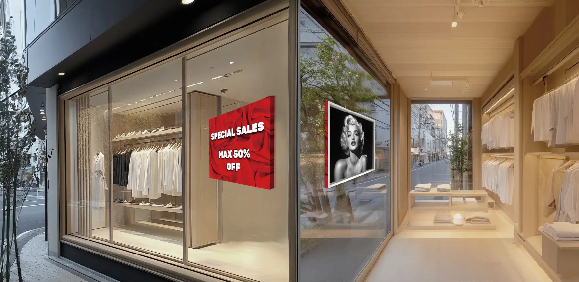 W.CAは両面キャンバスとして洋服店の室内外を同時に見せて片面は情報でもう片面はインテリア効果として表現,両面店舗装飾