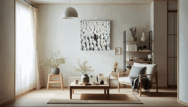 W.CAは両面キャンバスとして両面を簡単に裏返して飾れることを表現したリビングの様子,スタイリッシュなインテリア