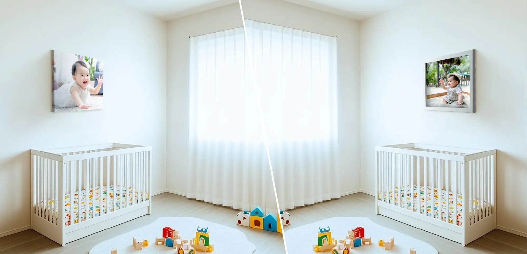 W.CAは両面キャンバスとしてリビングの壁に男の子写真の2種類の写真を表現,ベビーフォト