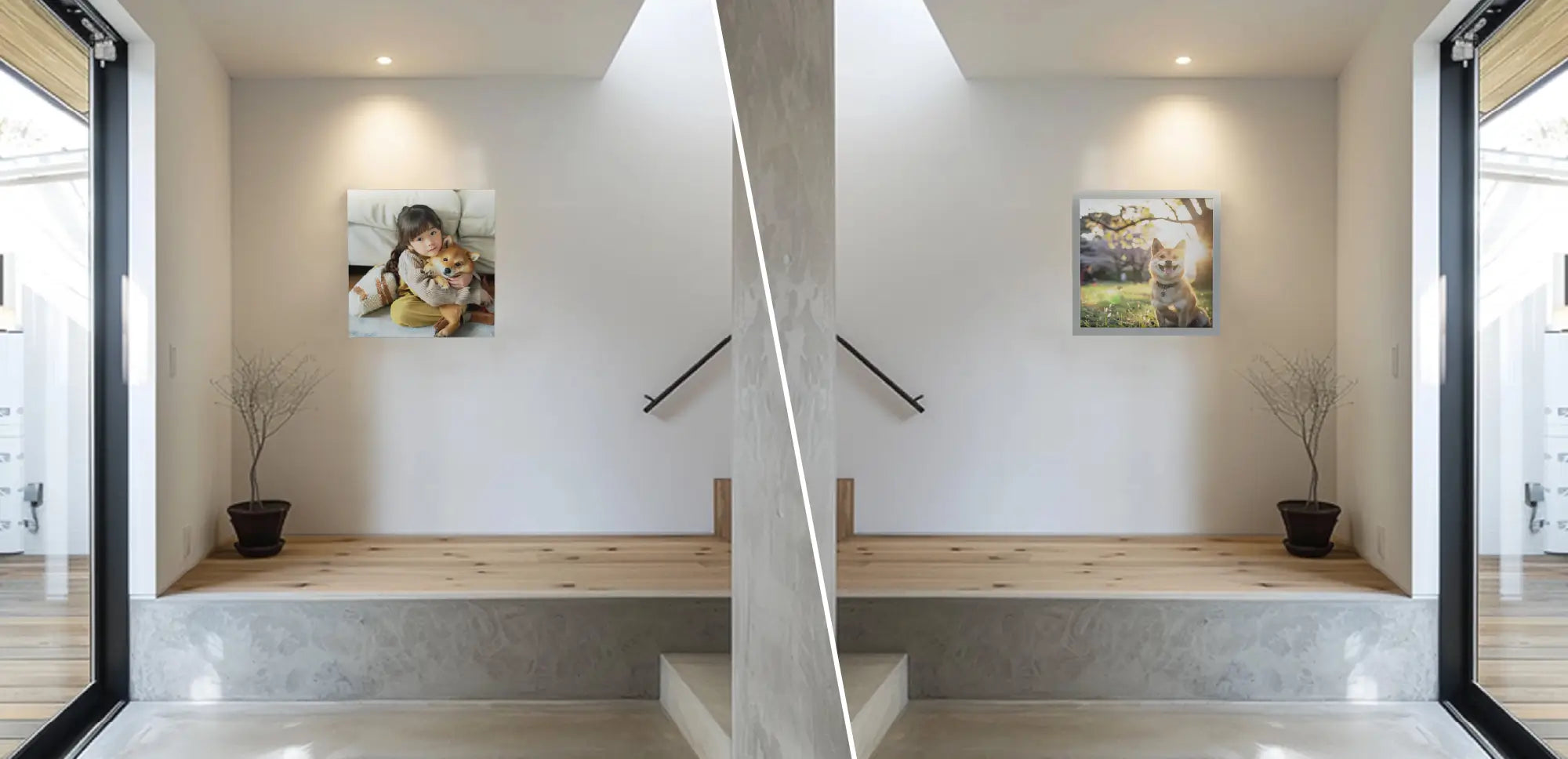 W.CAは両面キャンバスとして玄関の壁に片面は女の子と犬でもう片面には犬の写真をプリントできることを説明,両面を使えるキャンバス,ペット