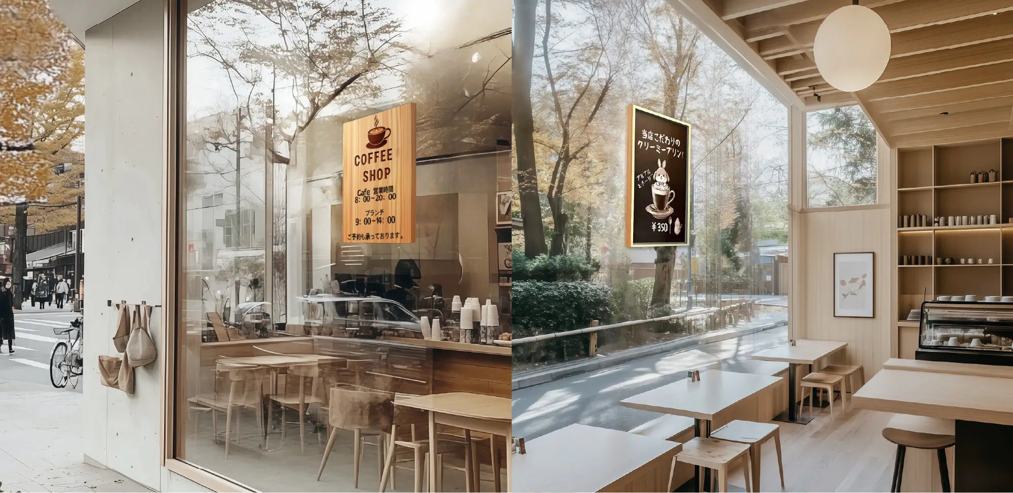 W.CAは両面キャンバスとしてコーヒーショップの室内外を同時に見せて店外にも店内にも情報宣伝効果があることを表現,どんな業種でも可能