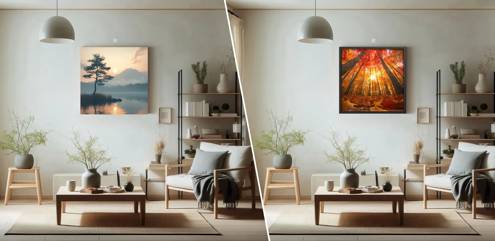 W.CAは両面キャンバスとしてリビングの壁に富士山と秋の紅葉の絵を飾って簡単に裏返せる様子を表現,手軽なインテリア