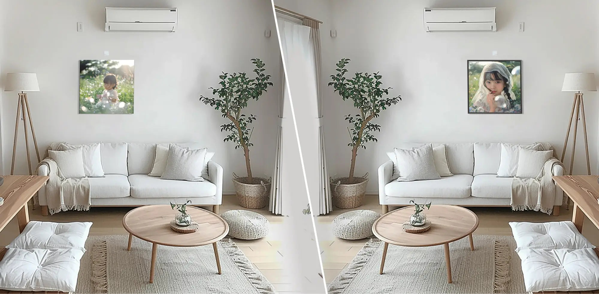 W.CAは両面キャンバスとしてリビングの壁に飾りたい子供の写真をプリントして簡単に見せたい面にできることを表現,軽量