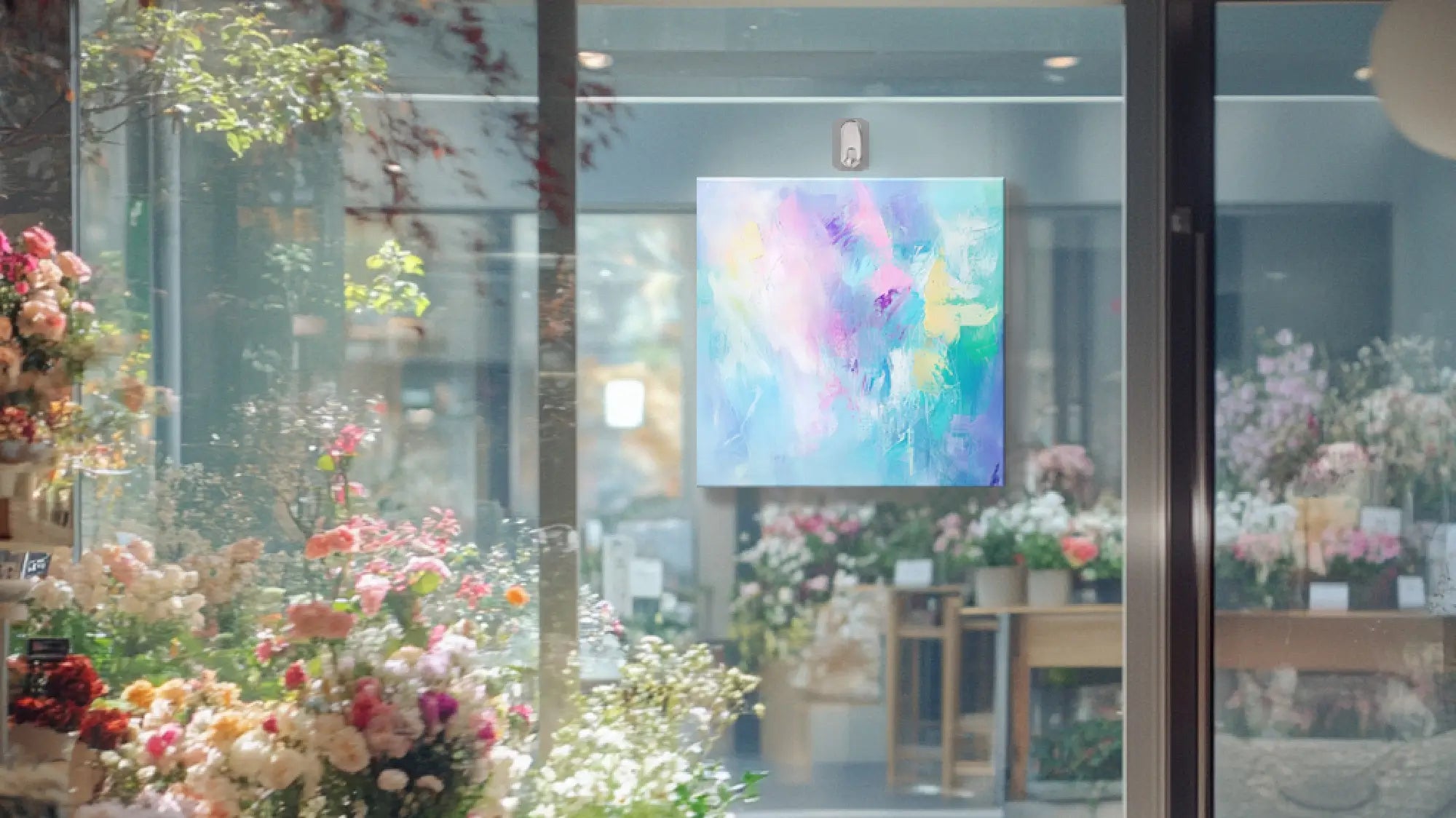 W.CAは両面キャンバスとして花屋のガラス窓に抽象的に描かれたアートを表現