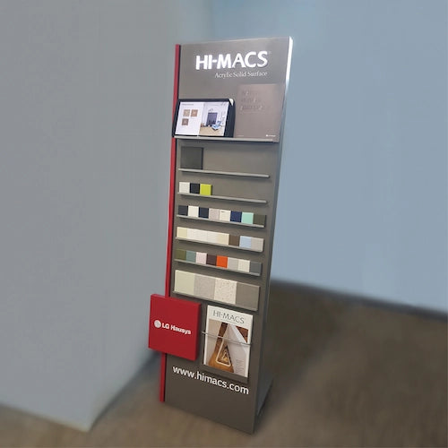 人工大理石のスウォッチサンプルディスプレイ, 上部にはLED照明, 下部にはカタログホルダー付き, ブランド強化, インテリアショップ, ショッピングモール, ホームセンター, 住宅展示場