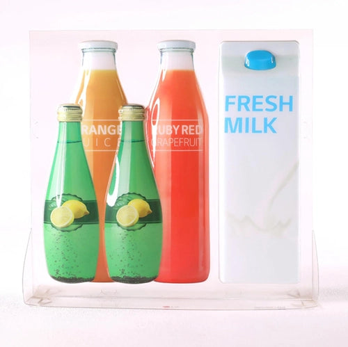 冷蔵庫の内部に製品のダミーとしてディスプレイする印刷成形スタンド, 牛乳, ジュースなどを表現, 家電製品売り場, 家電量販店