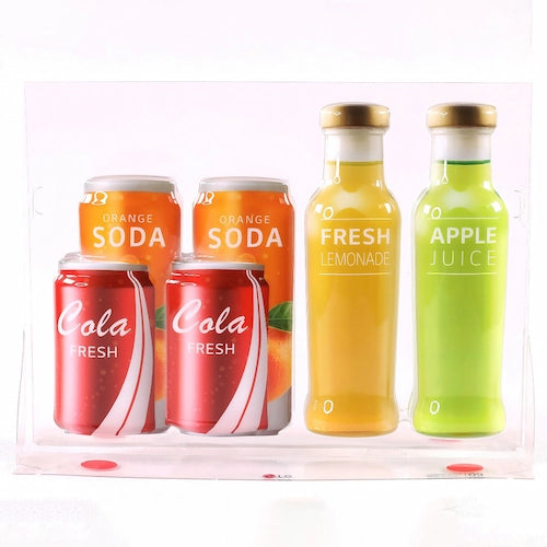 冷蔵庫内に製品のダミーとしてディスプレイ,印刷真空成形,瓶と缶飲料を表現,家電製品売り場