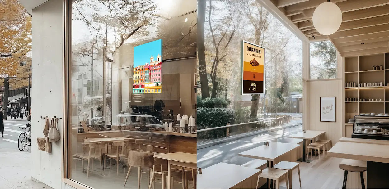 コーヒーショップの室内外を同時に見せながら店外はインテリアで店内は情報宣伝効果があることを表現,両面を使えるキャンバス_W.CA B2B