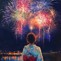 両面キャンバス,アート,夏の夜空に打ち上げられた花火を見ている浴衣姿の少女