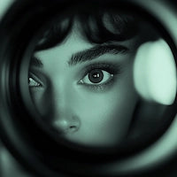 キャンバス風絵画,両面プリントアート,カメラのレンズ越しに見る女性