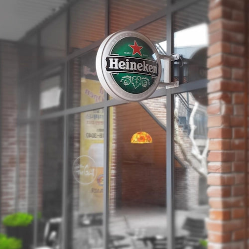 ハイネケンのロゴを丸形の両面仕様で製作した店頭電飾看板,印刷真空成形,バー・居酒屋,飲食店