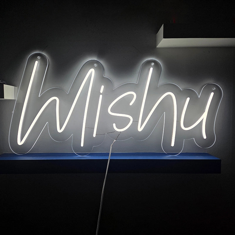 Mishuロゴのネオン看板。上部４点に吊り下げ用の穴加工を施した壁面設置タイプ。ネオンカラーは白で製作。