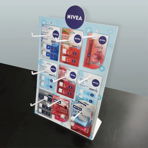ニベア,フック式リップ製品ディスプレイ台,低価格,ショッピングモール,コンビニエンスストア,小売店,商業施設,フランチャイズドラッグストア