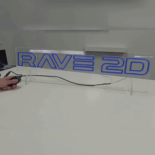 RAVE 2Dロゴのネオン看板。オプションの調光器(ディマー)により、ネオンの明るさを調整できるようにした仕様。