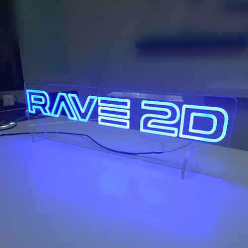 RAVE 2Dロゴのネオン看板。W730×H200mmサイズを斜めから撮影した全体イメージ。