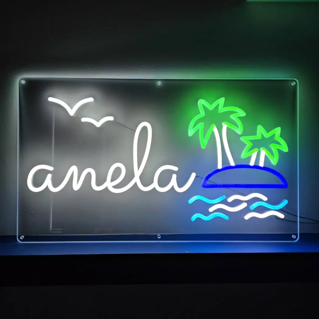 anelaロゴのLEDネオンサイン看板 壁面設置タイプの全体写真