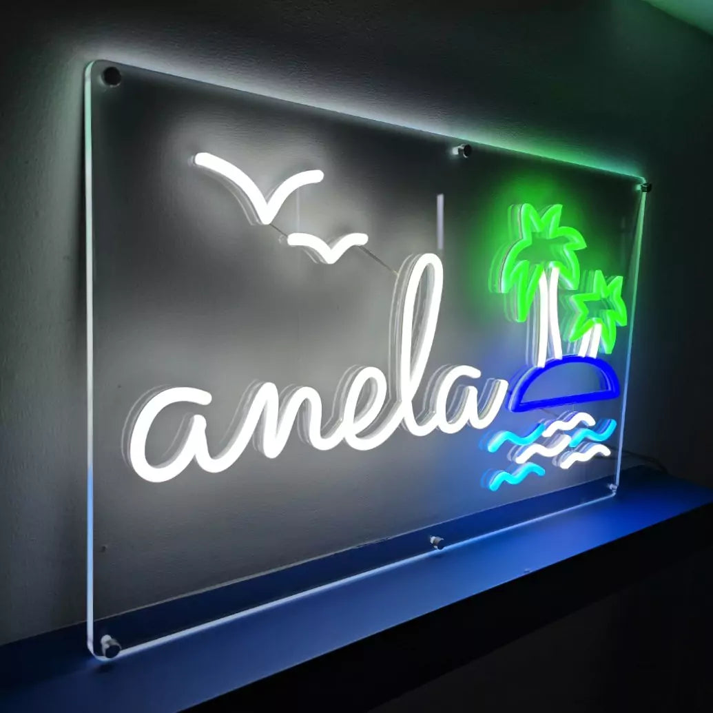 anelaロゴのLEDネオンサイン看板 壁面設置タイプの斜めアングル